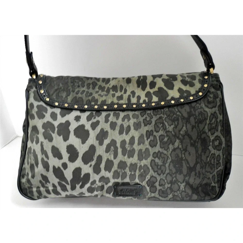 New Moschino Cheap & Chic Gray Black Leopard Nylon Leather Studded Shoulder Bag‎